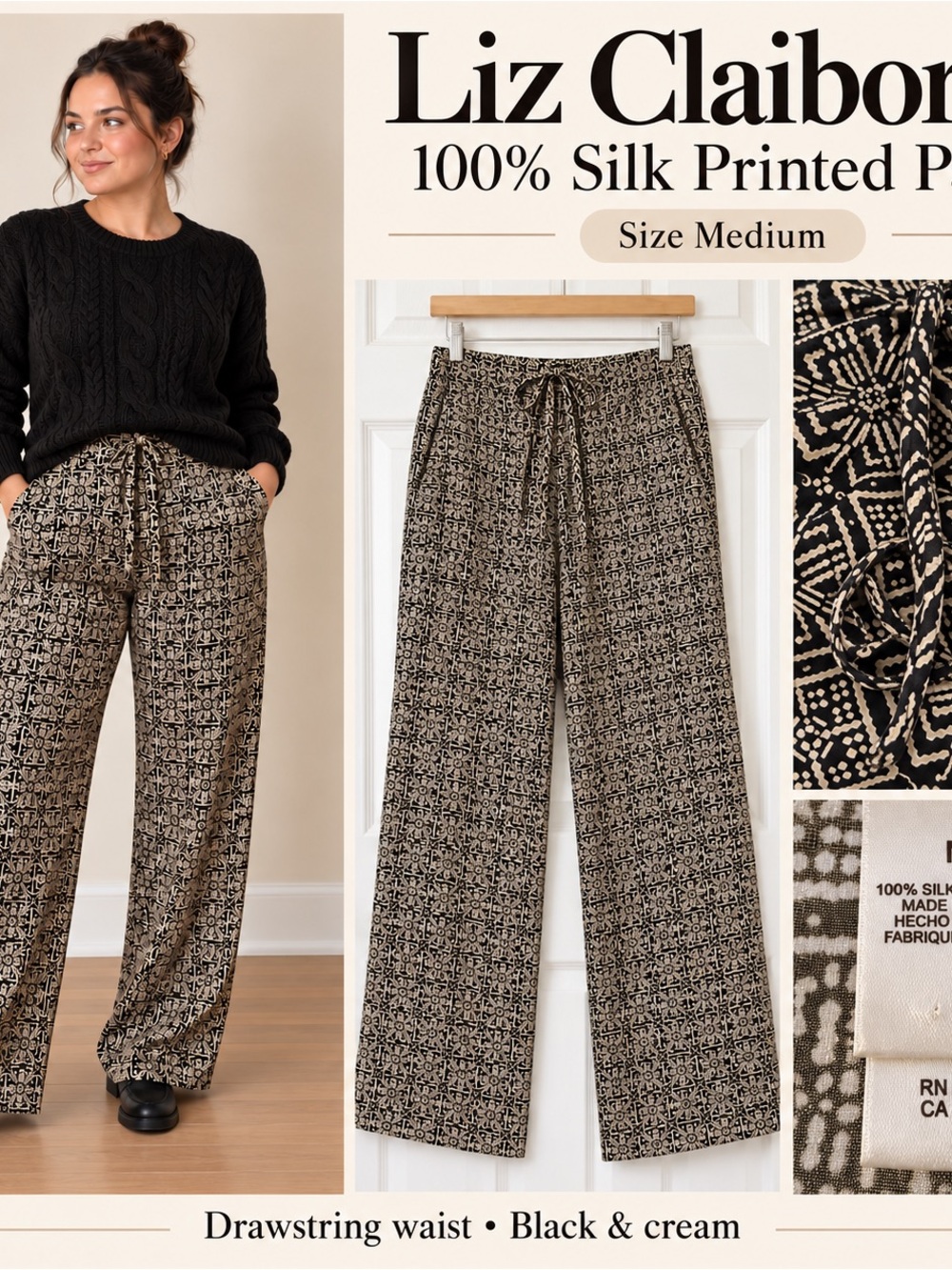 Liz Claiborne Black & Cream Printed Silk Wide-Leg Pants